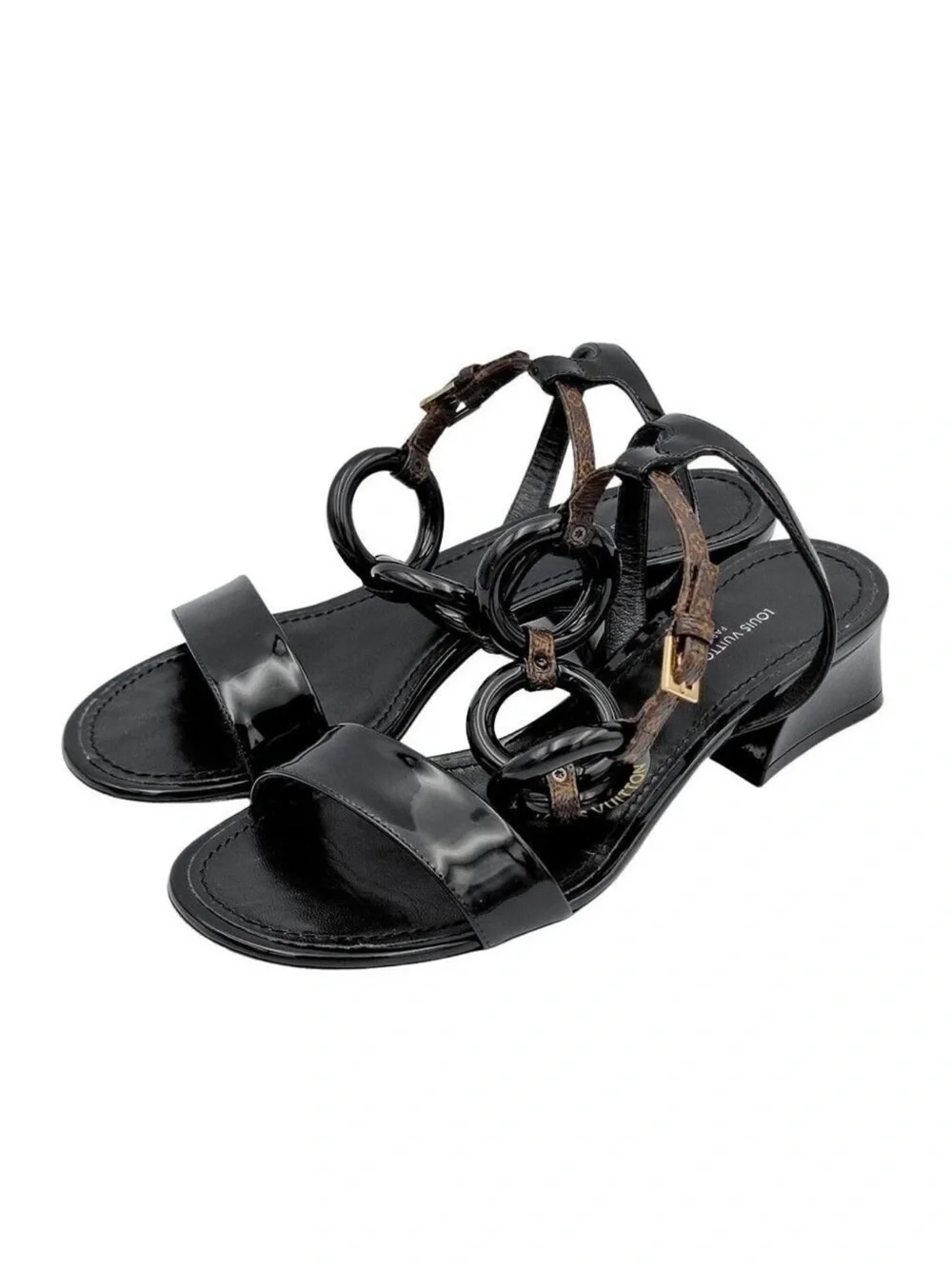 Louis Vuitton Black Patent & Monogram Link Sandals